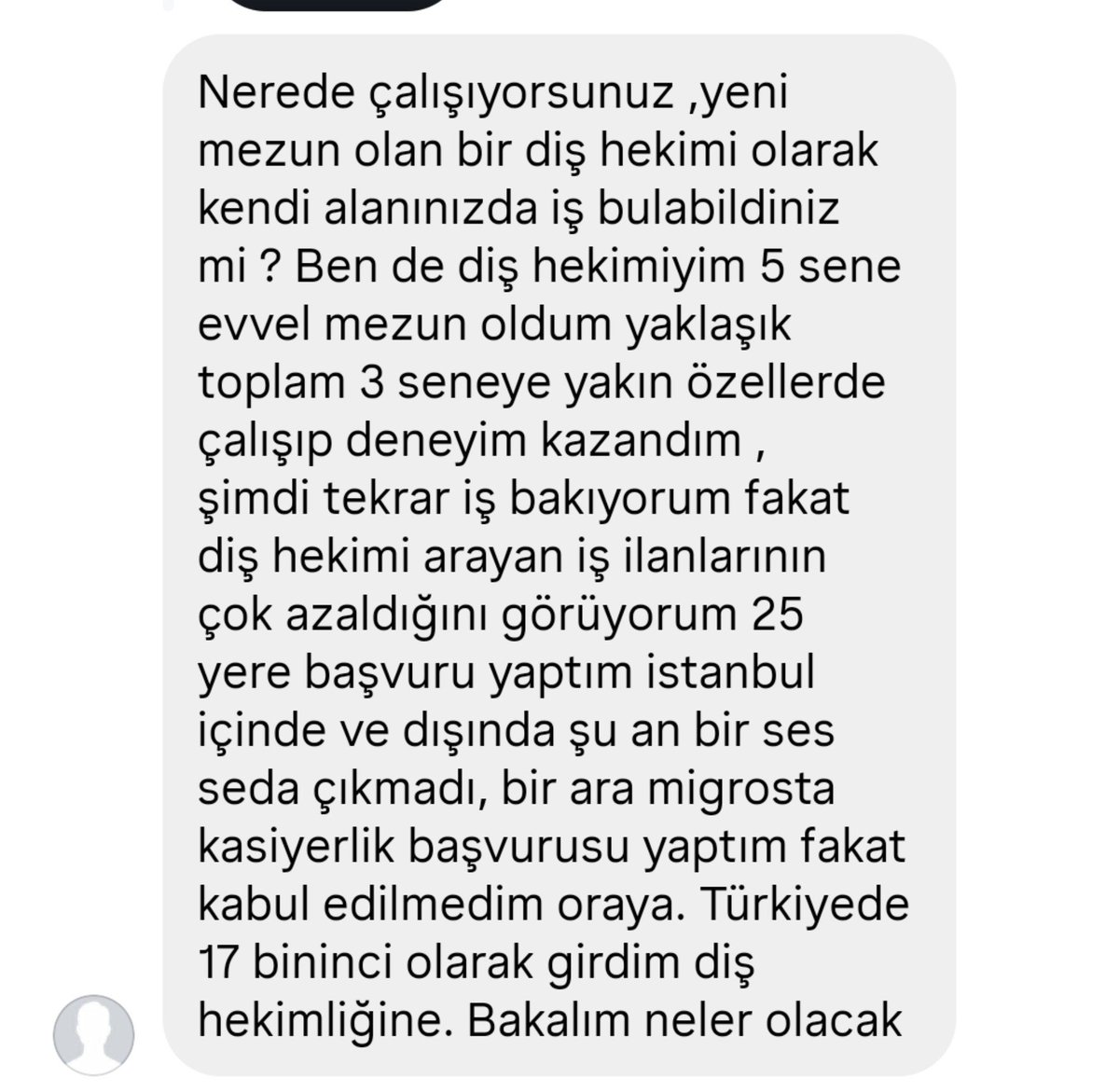 paltosuzrasko's tweet photo. diş hekimi olarak iş bulamayanlara bu durumu yeni mezunlar yaşıyor çünkü tecrübesizsiniz diyenler olmustu..
neredesiniz?
5 yıllık hekim is bulamayip migrosa basvurmus kabul de edilmemiş..
diyecek söz bulamıyorum ben.
@TDB_TDA @saglikbakanligi @dishekdayanisma https://t.co/2q5pYvVzQd