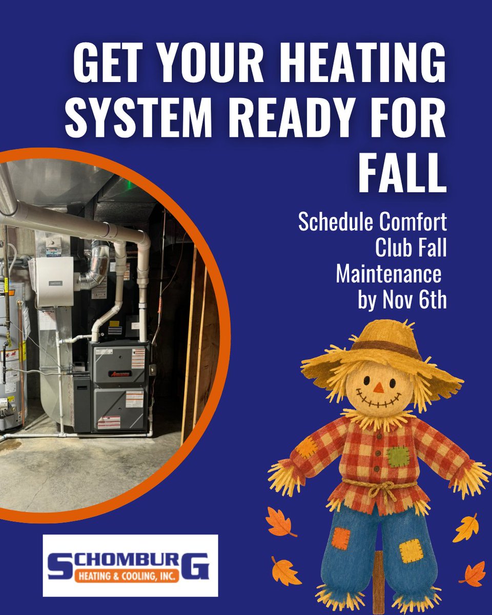 Schomburghvac's tweet photo. Comfort Club members: Schedule your fall heating maintenance by November 6 for priority service and peak performance. Stay safe, save on utilities! Call (816) 431-4098 or book at https://t.co/2HtWcLY7C7 🍂🔥 #SchomburgHVAC #Parkville #StJoseph https://t.co/6VBKnKvdQm