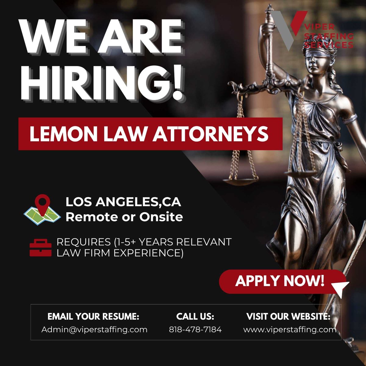 ViperStaffing's tweet photo. Hiring: Lemon Law Attorneys
Los Angeles, CA | Remote or Onsite
1–5+ years of relevant law firm experience required.
Apply today: admin@viperstaffing.com
818-478-7184 | https://t.co/VbIIps1PpH
#Hiring #LemonLaw #LegalJobs #LosAngelesJobs https://t.co/z0W3jCnGIu