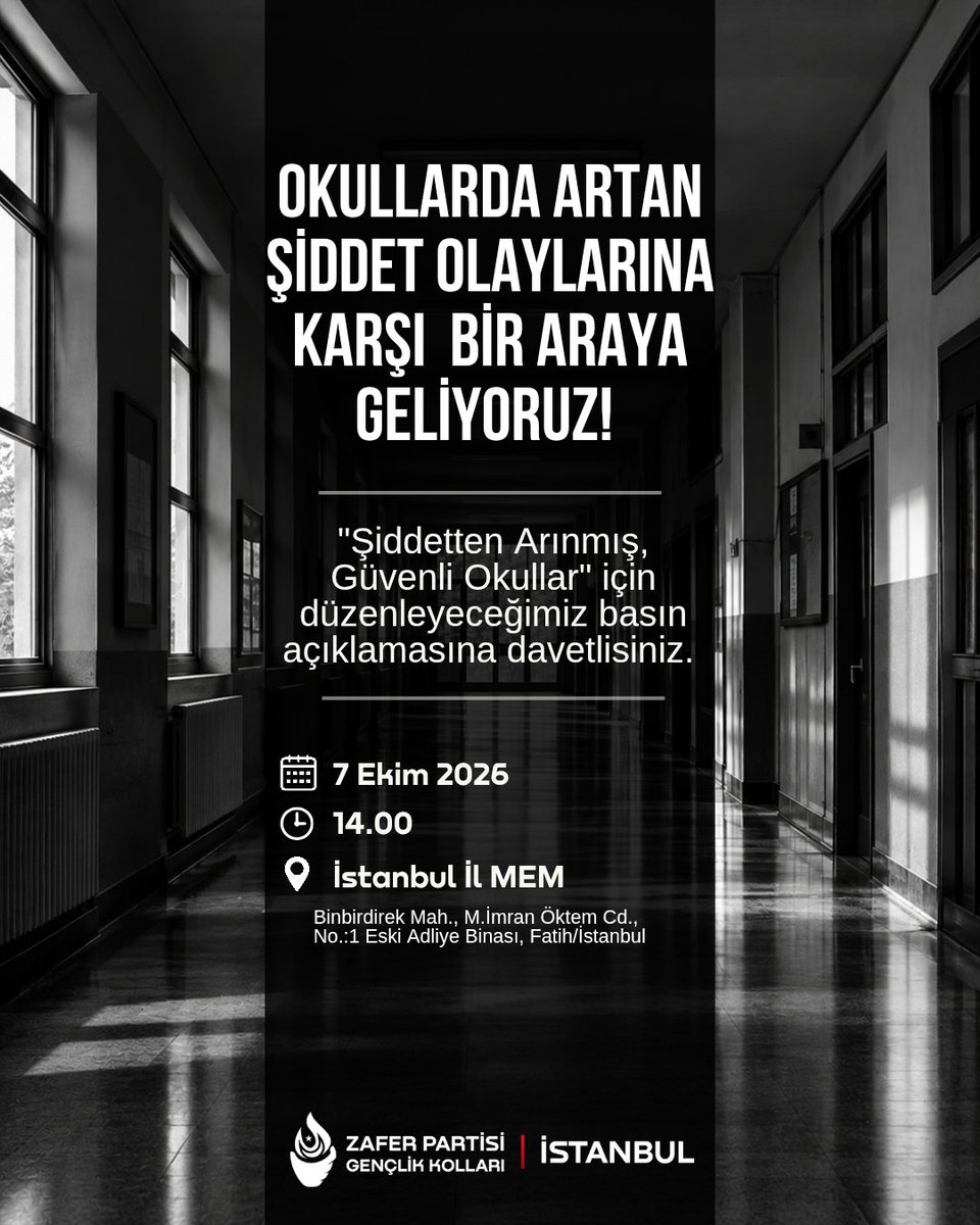 zpistanbulgenc's tweet photo. Okullar artan şiddet olaylarına karşı bir araya geliyoruz!

"Şiddetten arınmış, güvenli okullar" için düzenleyeceğimiz basın açıklamasına davetlisiniz.

🗓️ 7 Ekim 2026 (Yarın)
🕗 14.00
📍 İstanbul İl Millî Eğitim Müdürlüğü https://t.co/OVttp1cFPP