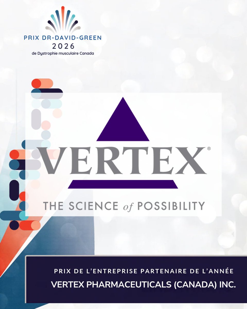 Action_Musclee's tweet photo. Dystrophie musculaire Canada est fière de remettre à Vertex Pharmaceuticals (Canada) inc. le Prix Dr-David-Green 2026 de l’entreprise partenaire de l’année, en reconnaissance de son engagement soutenu et de son appui constant à la communauté des maladies neuromusculaires.

Les progrès que nous réalisons sont le résultat d’un effort collectif. Nous sommes reconnaissants de pouvoir compter sur des partenaires qui, comme nous, ont à cœur de soutenir les Canadiennes et les Canadiens qui vivent avec une maladie neuromusculaire et de contribuer à bâtir un avenir meilleur avec notre communauté.

Merci à Vertex Pharmaceuticals d’être un précieux partenaire de Dystrophie musculaire Canada et de contribuer à faire tomber les barrières pour la communauté canadienne des maladies neuromusculaires. Nous sommes fiers de vous avoir à nos côtés.