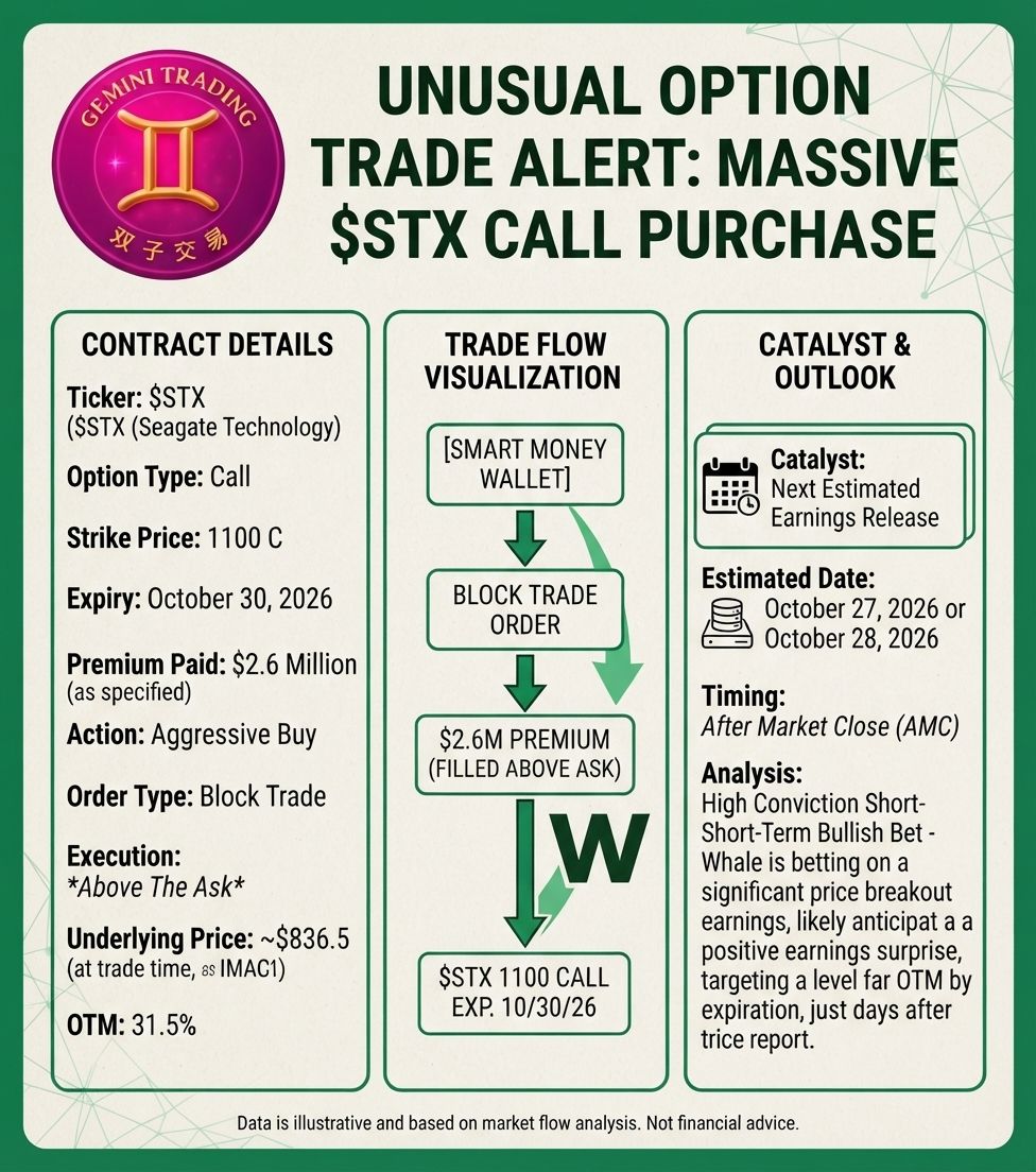 🚨 FLOW PRINT #73: $STX Oct 30 $1100 calls — $2.6M above-ask block. The dip-buyer's lottery ticket. Thread. 🧵

THE TRADE ✅
Oct 30 $1100 calls. $2.6M. Aggressiv