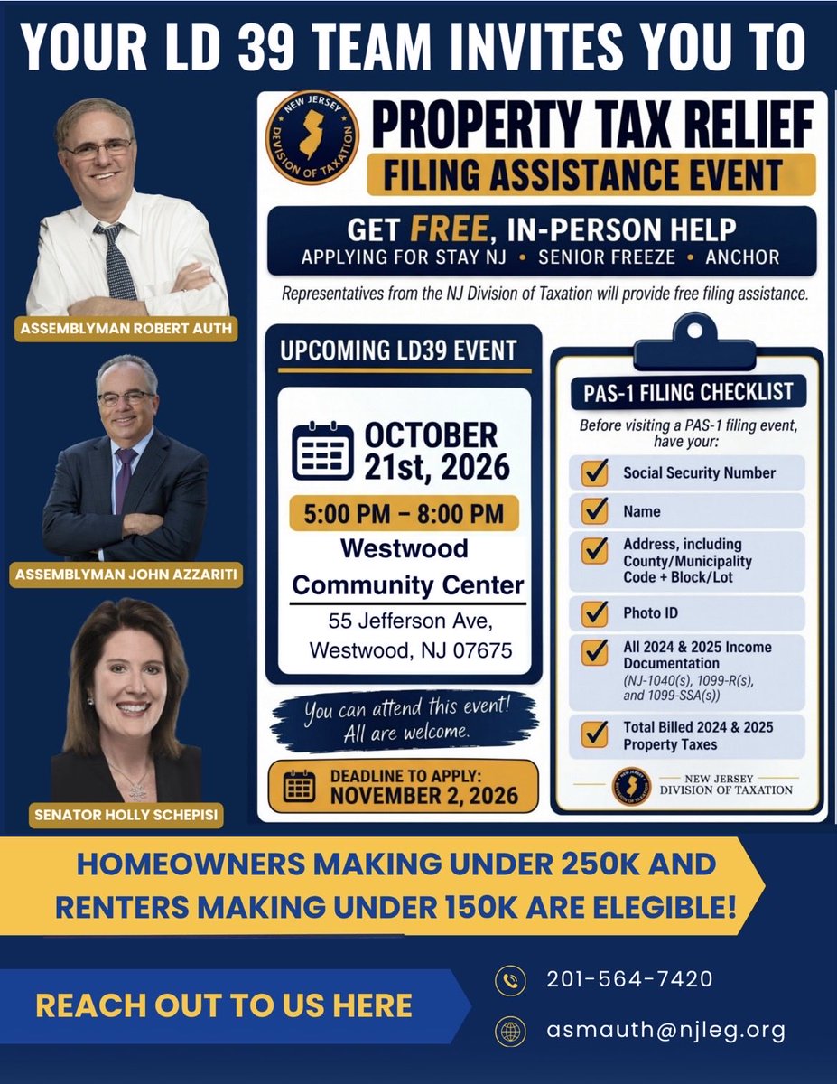 Robert_Auth's tweet photo. Please share this with your family and friends Holly SchepisiAssemblyman John Azzariti, M.D.: NJ District 39@topfans are holding a #propertytax Relief Filing Assistance Event in #westwoodnj on October 21st #Allendale #Alpine #Cresskill #Closter #Demarest #Dumont #Emerson #HarringtonPark #Haworth #Hillsdale #HoHoKus #Mahwah #MidlandPark #Montvale #Northvale #Norwood #OaklandNJ #OldTappan #ParkRidge #Ramsey #RiverVale #Rockleigh #SaddleRiver #UpperSaddleRiver #Waldwick #WashingtonTownship #Westwood #WoodcliffLake
