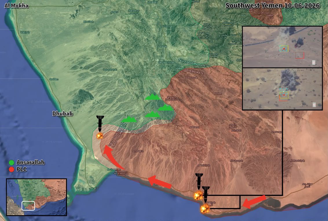 DropSiteNews's tweet photo. The Saudi-backed offensive in Yemen has run aground: 

Yesterday the Saudi-backed Presidential Leadership Council (PLC), in coordination with Saudi Arabia, launched a counteroffensive called "Dawn of Yemen.”

The first major operation of the counteroffensive was a charge by the Southern Giants Brigades about 20 kilometers down the narrow Bab al Mandeb coastal plain, as 100 Royal Saudi Air Force jets bombed hundreds of targets across Yemen. As of today, the Giants Brigades have been stopped somewhere near the Dhubab airport and have been sustaining heavy missile and drone fire from the adjacent mountains. 

Since the counteroffensive began yesterday, Ansarallah has published two videos showing large scale ballistic missile operations targeting Giants Brigades reinforcements along the narrow strip of southern Yemeni coast in Ras al-Ara.

Concurrently with the launch of Operation Dawn of Yemen yesterday, Ansarallah completed the encirclement of PLC forces in Taiz city. They’re now attempting to claim the remaining mountains that surround it.