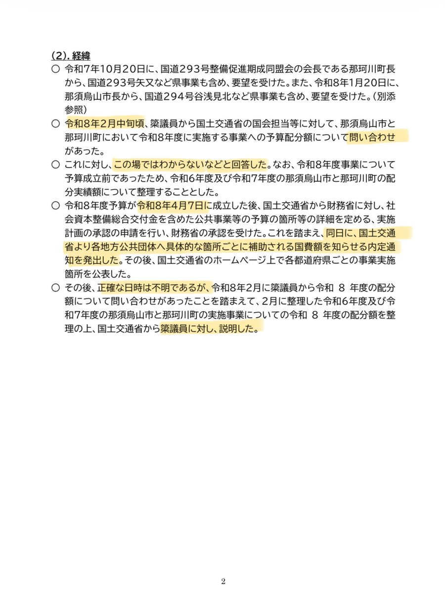 tamakiyuichiro's tweet photo. これは、国土交通省の黒田前官房長がかわいそうだ。

「働きかけがあった」を「問い合わせがあった」と言い換えざるを得ず、内心忸怩たる思いではないか。

「細かいメモもなく、はっきり覚えていない。」「はっきりと覚えていないくらいだから、働きかけや圧力はなかったと思う」と答えたという。

頭のいい黒田氏が8カ月前を覚えていないはずはない。記憶を曖昧にし、働きかけの有無をうやむやにしないと、簗大臣の「働きかけた事実はない」とした発言との整合が取れなくなるからだろう。

こんなことを言わせてはならない。黒田氏は災害対策などに懸命に取り組んできた嘘のない誠実な役人だ。

予算配分にも役所の苦悩の跡が見える。

簗大臣の顔を立て、那須烏山市と那珂川町の予算を大幅削減したように見せつつ、同額以上を栃木県分として増額し、県と市を合わせた計画単位の予算額では前年度比プラスを確保している。無理筋の要求を受け入れたように見せ、事業に支障が出ないよう工夫した見事な技だが、こんなことを役人にさせるべきではない。

これから予算委員会や国土交通委員会の審議が始まるが、野党は黒田氏を呼び、働きかけの有無をギリギリ詰めるのはやめた方がいい。悪いのは役人でなく、圧力をかけた政治家だ。

国土交通省は官邸を気にせず、本年2月中旬に議員会館に呼び出されて面談した時のメモを淡々と出せばよい。真面目に働く役人が巻き込まれる話ではない。

説明責任を果たすべきは、簗大臣だ。

そもそも、なぜ、相手候補を応援した2市町の予算だけ「問い合わせ」たのか。そして、なぜ、「問い合わせ」ただけなのに、「大幅にカットした」と自分の成果のように語ったのか。

明らかにする必要がある。
