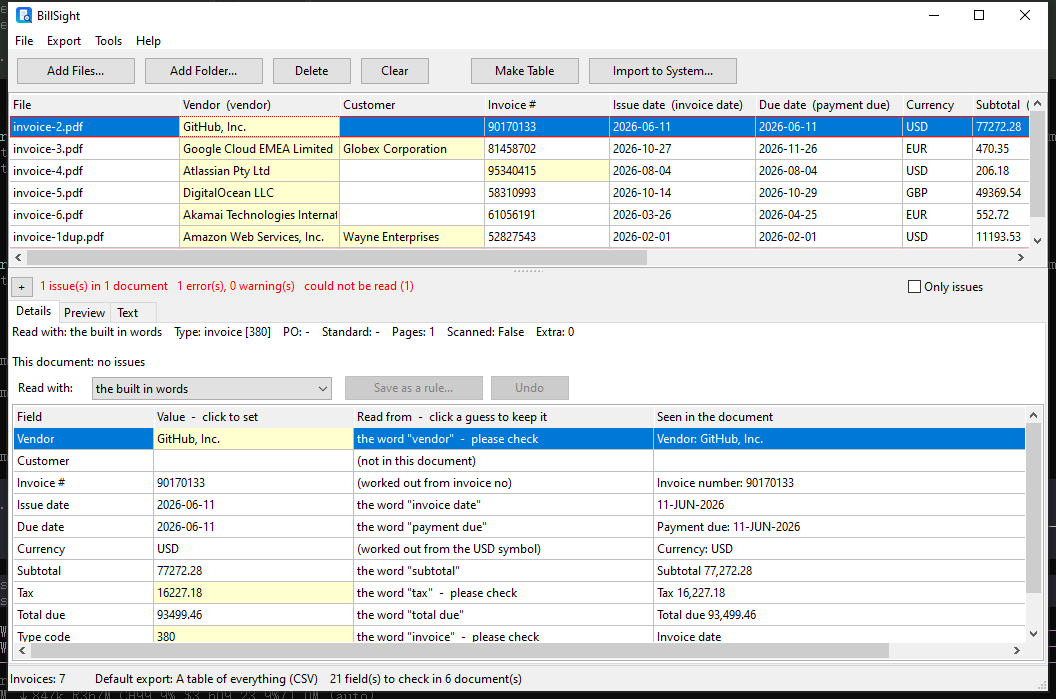 withdata's tweet photo. Invoices arrive as PDF and e-invoice XML (Factur-X, ZUGFeRD, UBL, CII). BillSight 1.0 reads the fields and line items, lets you fix the reading, and exports to Excel, CSV or UBL.
#Invoice #DataExtraction https://t.co/XMK50AJPFp