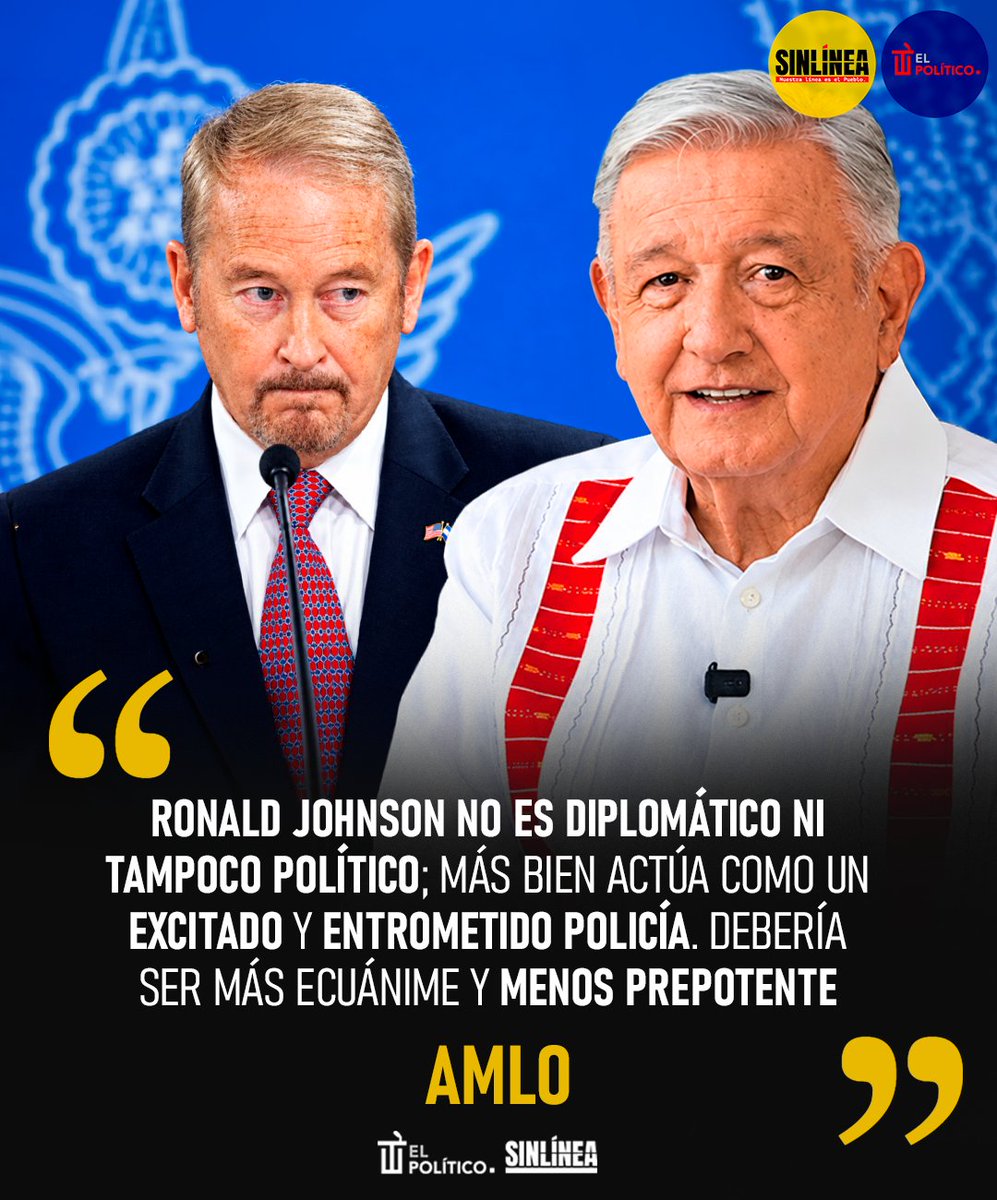 SinLinea_Mx's tweet photo. ¡Tómala! 💣💥

🔴 #AMLO (@lopezobrador_) no se tocó el corazón y le dio con todo a #RonaldJohnson (@USAmbMex) ante su actuar como embajador de #EU en #México 🧓🏼👊🏻 | ¿Estás de acuerdo con la visión del expresidente? 👇🏻 https://t.co/O8BAHjQRT5