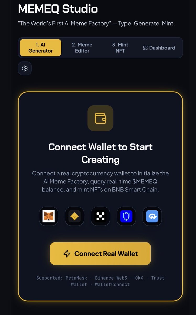 MemeQ_Bsc's tweet photo. The factory is open. 🏭

MEMEQ Studio - The World's First AI Meme Factory - is now LIVE on https://t.co/F8pMiBBA2U

No more Photoshop. No more being late.

1. AI Generator - Type your idea
2. Meme Editor - Make it yours  
3. Mint NFT - Launch it on BSC

Connect your real wallet. Start printing.

Type. Generate. Mint. / 输入, 生成, 铸造

https://t.co/1Vb86qjpn6

https://t.co/NyqH7puJhM

#MemeQ #模因机器