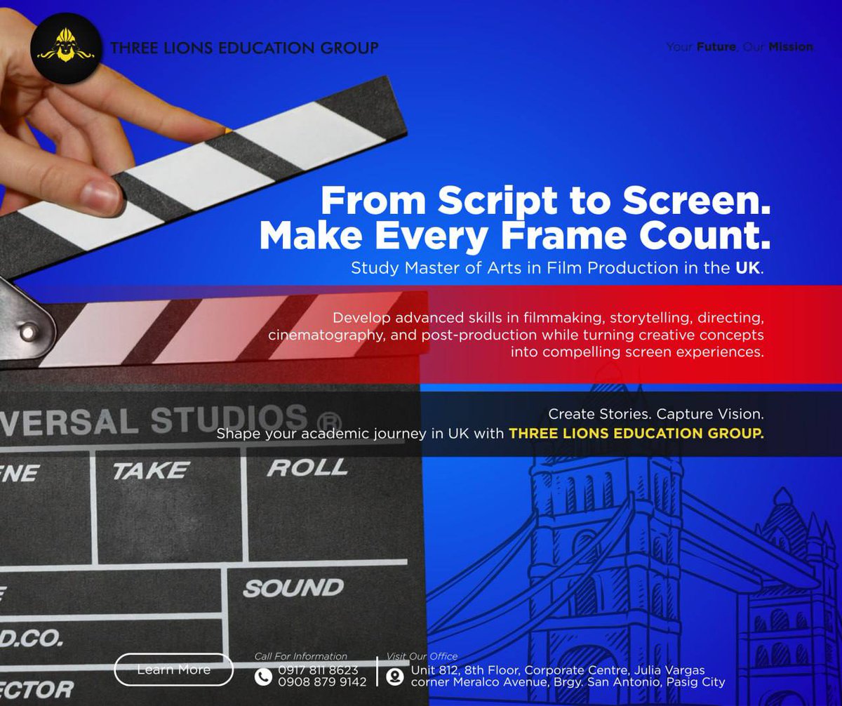 ThreeLionsVisaS's tweet photo. YOUR STORY STARTS WITH WHAT YOU CHOOSE TO STUDY

Film is more than what appears on the screen. It is about ideas, storytelling, visual direction, creative thinking, and the ability to turn concepts into meaningful screen experiences. https://t.co/tb98duVeKc
