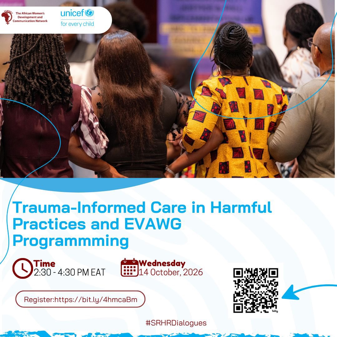 FemnetProg's tweet photo. 📢How can we address the lasting impacts of trauma while centering survivors' safety, dignity, and experiences?

Join us for Trauma-Informed Care in Harmful Practices and EVAWG Programming! This session will explore the impact of trauma on women and girls, unpack trauma-informed, survivor-centered approaches and share strategies for integrating these principles into programs, advocacy, and service delivery.

📅 Wednesday, 14 October 2026
🕝 2:30 PM – 4 :30 PM EAT
💻 Online
🔗 Register: https://t.co/9sp3jQCpeG
#SRHRDialogues