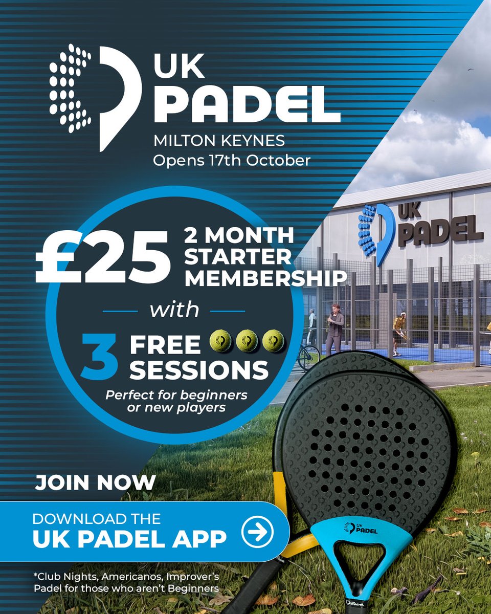 DestinationMK's tweet photo. 🏓👀 UK PADEL Opening Offers 👀🏓

The brand new, six court venue opens on 17 October @willenlake and to kick things off, they have some exciting membership offers...

Find out more and download the UK PADEL App 👇 Court and match bookings are now open ☺️

https://t.co/3KNtxoqni6 https://t.co/8GPjH2UBQY