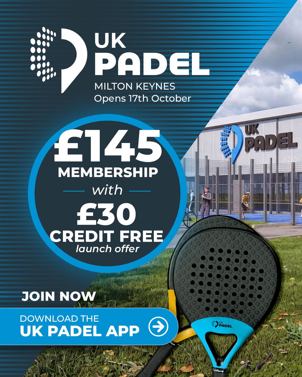 DestinationMK's tweet photo. 🏓👀 UK PADEL Opening Offers 👀🏓

The brand new, six court venue opens on 17 October @willenlake and to kick things off, they have some exciting membership offers...

Find out more and download the UK PADEL App 👇 Court and match bookings are now open ☺️

https://t.co/3KNtxoqni6 https://t.co/8GPjH2UBQY