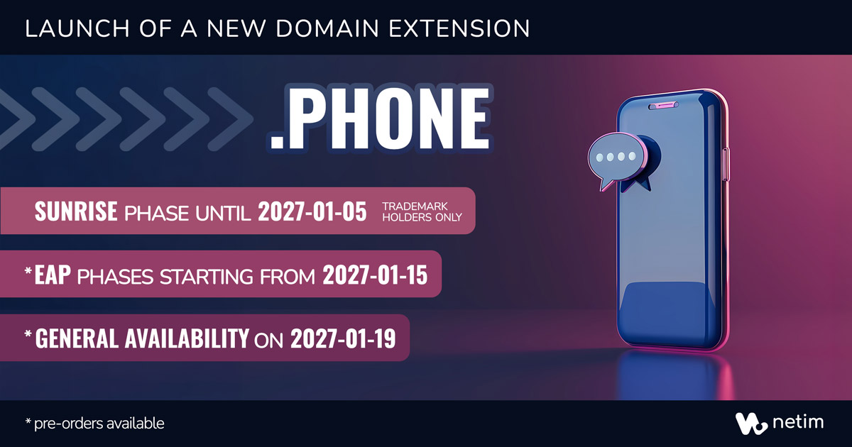 Netim_com's tweet photo. 📱📞 Hello? .PHONE is coming!

🗓️ Pre-orders are already open: get ahead and secure your #DomainName!

🌅 Sunrise period (reserved for registered trademark holders):
Until 2027-01-05 (23:59 UTC)

⚡ 3 phases of EAP (Early Access Program) with decreasing pricing:
🔸 EAP Day 10: From 2027-01-15 (00:00 UTC) to 2027-01-15 (23:59 UTC)
🔸 EAP Day 11: From 2027-01-16 (00:00 UTC) to 2027-01-16 (23:59 UTC)
🔸 EAP Days 12–13: From 2027-01-17 (00:00 UTC) to 2027-01-18 (23:59 UTC)

🌎 General Availability: Tuesday, 19 January 2027 (00:00 UTC)

👇 Check the prices and pre-order now:
https://t.co/5ixnPaZanQ

📧 1 email address included

#Phone #Smartphone #dotPhone #Telephony #Communication