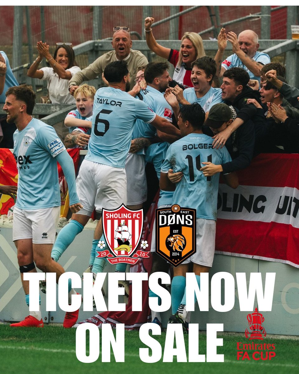 sholingfc's tweet photo. 🎟️ TICKETS NOW ON SALE!

🏆 Sholing FC v SE Dons | Emirates FA Cup Fourth Qualifying Round
📅 Saturday 17th October | 3pm KO

With huge demand already, we’re initially releasing 1,500 tickets for general sale.

We’re expecting a sell-out, so don’t miss your chance to be part of a massive afternoon!

👉 Get your tickets now: https://t.co/E9QKgoSTLu