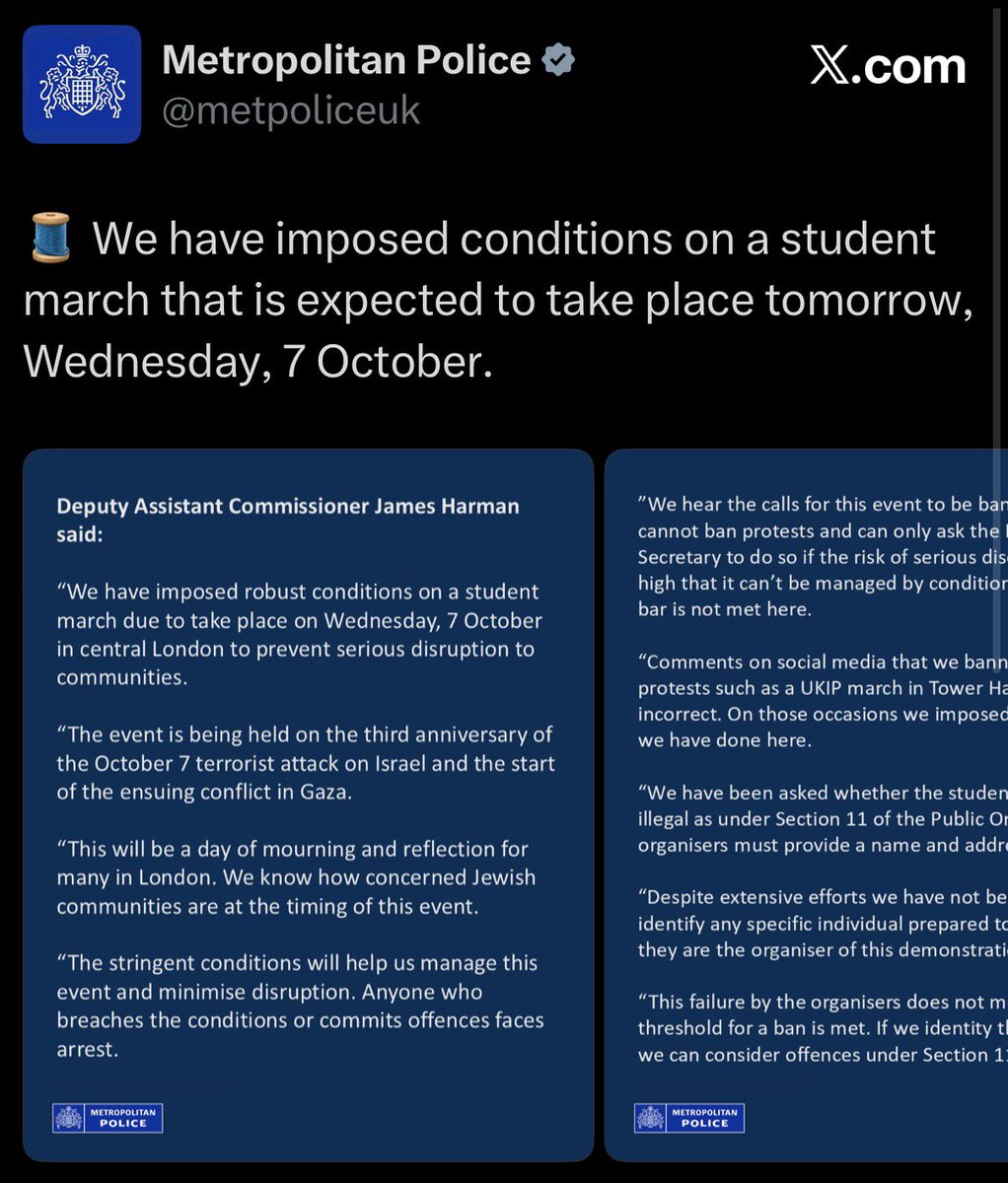 WasAcop's tweet photo. They’re letting this student march go ahead on the anniversary of 7 October because stopping it would kick off a bigger public order mess than just letting it happen. 

Route conditions and a ban on face coverings aren’t the same as stopping it. 

Once the calculation is “enforcing the law might cause more disorder”, the people willing to cause that disorder are the ones setting the rules.
