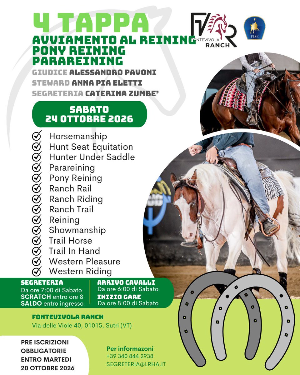 lrhareining's tweet photo. 💥 #PAGAMENTI 💥
4 tappa Avviamento al Reining / Pony Reining / Parareining FISE 2026

#METODI DI #PAGAMENTO
👇👇👇
https://t.co/PDtkkI2cP5

#Reining #LazioReining #LrhaReining https://t.co/PA3ajIPtob