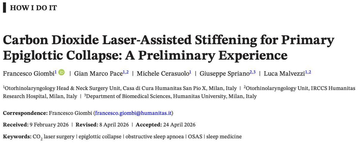 Triological's tweet photo. This video article describes a technique of using carbon dioxide laser‐assisted stiffening for primary epiglottic collapse yielding promising  improvements in polysomnographic parameters

https://t.co/weVSXRIau5 https://t.co/VltZsueCYB