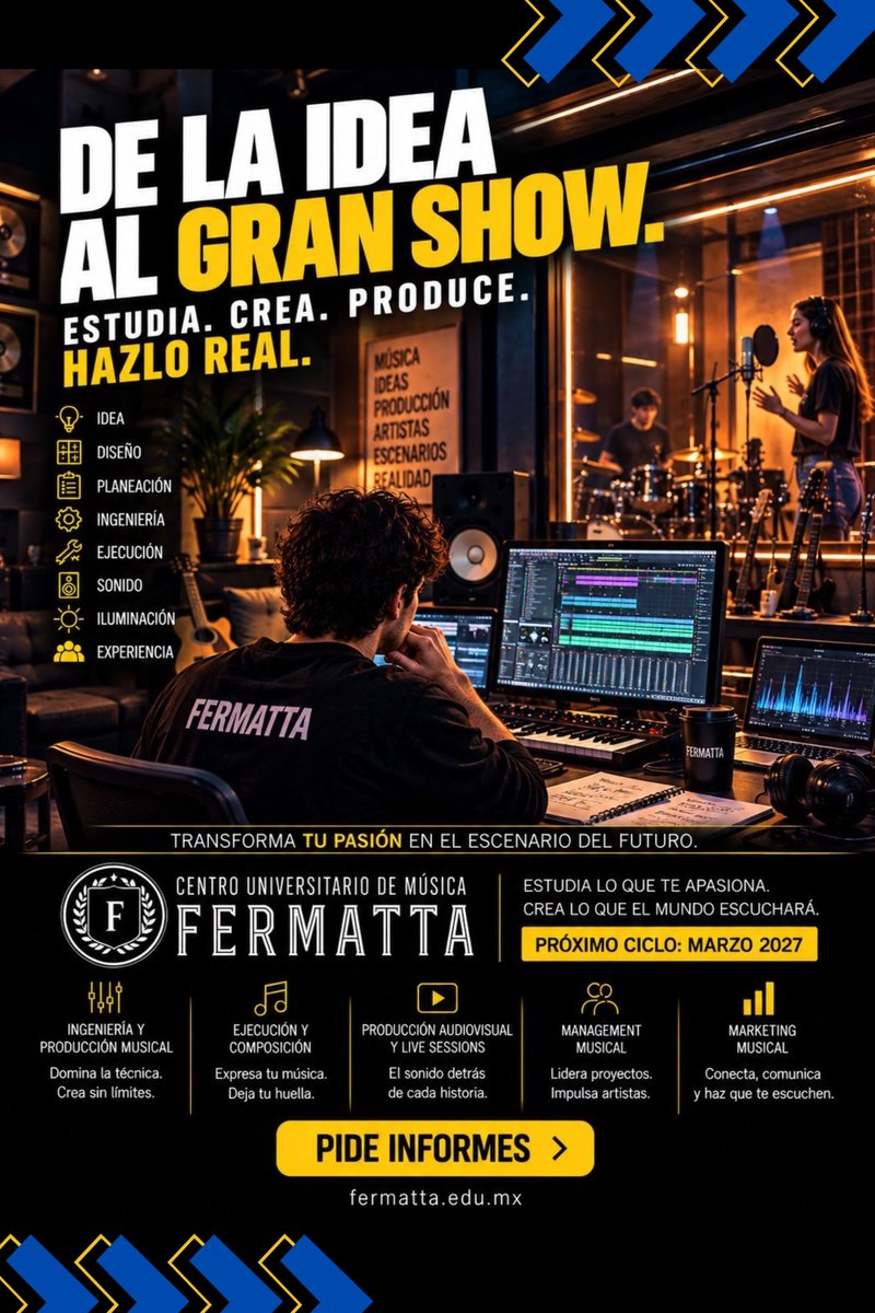 Fermatta's tweet photo. DE LA IDEA AL GRAN SHOW. ESTUDIA. CREA- PRODUCE. HAZLO REAL.

No sueñes con vivir de la música… prepárate para hacerlo realidad. 🎧🎸🎤🎬
📅 Próximo ciclo: MARZO 2027

ESTUDIA LO QUE TE APASIONA. CREA LO QUE EL MUNDO ESCUCHARÁ.

📲 Solicita información por WhatsApp:
https://t.co/kR6YsjSI4b
🌐 Más información:
https://t.co/jDBUiNqRsv

Tu futuro no se improvisa. Se construye. Y empieza en Fermatta. 🚀🎶
#Fermatta #GeneracionMundial2026 #NoVeasElMundialProducelo #ProduccionMusical #AudioEnVivo #ProduccionAudiovisual #ManagementMusical #MarketingMusical #IndustriaDelEntretenimiento #UniversidadDeMusica #Septiembre2026 #TuFuturoSuenaAqui #EstudiaEnFermatta #Mundial2026 #MusicaProfesional 🎶⚽🌎