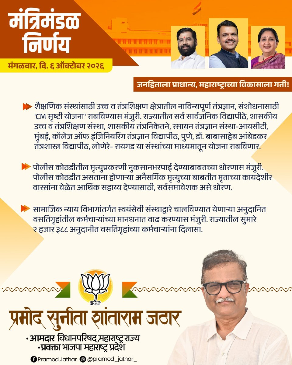 ipramod_jathar's tweet photo. जनहिताला केंद्रस्थानी ठेवत विकसित आणि समृद्ध महाराष्ट्राच्या दिशेने आणखी एक महत्त्वाचे पाऊल!

[ Cabinet Meeting, Cabinet Decisions, मंत्रिमंडळ बैठक, मंत्रिमंडळ निर्णय, Devendra Fadnavis, BJP4Maharashtra, Mahayuti Sarkar ]
#CabinetMeeting #CabinetDecisions #BJP4Maharashtra https://t.co/QV3fqOMcOb