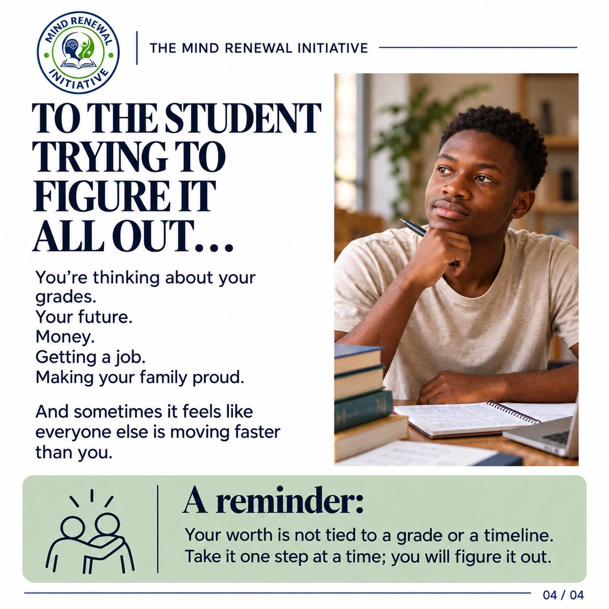 MindRenewalInit's tweet photo. The pressure may look different for everyone.
Work
Family
Money
School
Expectations. 

So, don’t forget to pause. Rest when you can. Pay attention to how you’re feeling, and give your mental health the same attention you give everything else.
Your mental health matters too. 💚 https://t.co/nZ7xl80ZWF