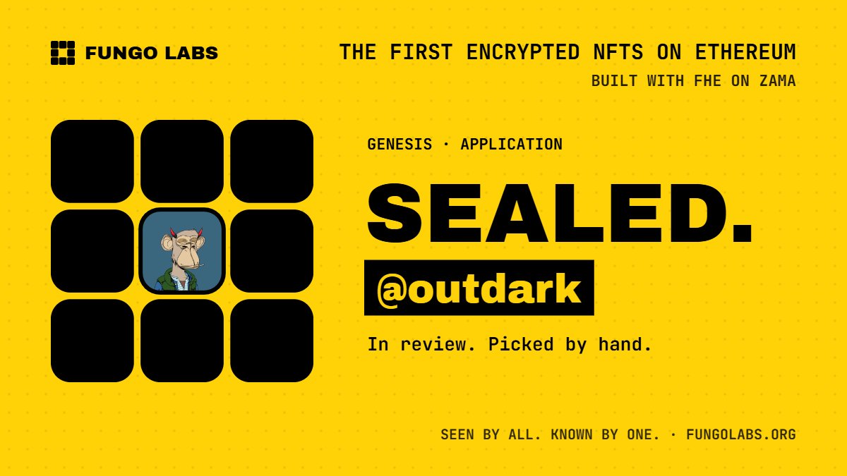 outdark's tweet photo. Encrypted NFTs are redefining what's possible onchain. With funds already deposited in @zama, I'm fully invested in this journey with Fungo Labs together with @eth_apple 😉

I truly support the technology that preserves privacy through Zama's encryption while keeping the ecosystem transparent.

Really looking forward to Fungo Labs' upcoming roadmap—expanding into a launchpad where other collections can issue encrypted NFTs, followed by a game that links with these hidden traits! 🚀 

@FungoLabs