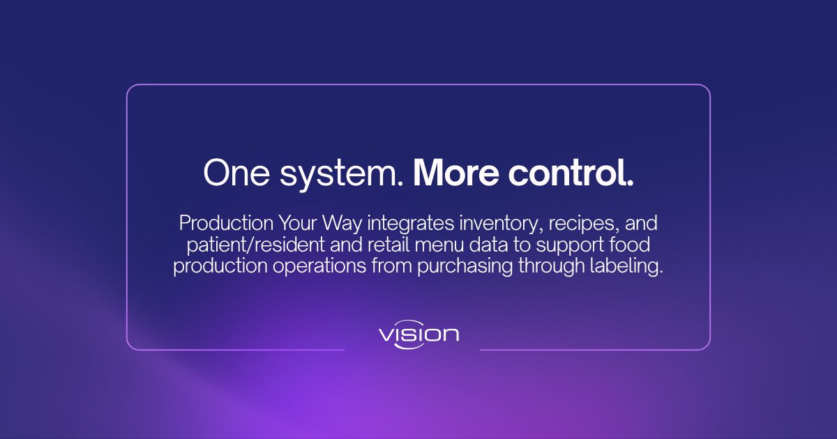 vision_software's tweet photo. Production Your Way integrates inventory, recipes, menus, purchasing, floorstock, scheduling, cost analysis, and nutritional labeling to support daily foodservice operations. Learn more at https://t.co/MO13HH29O3. #HealthcareFoodservice https://t.co/IFyU49S9Cl