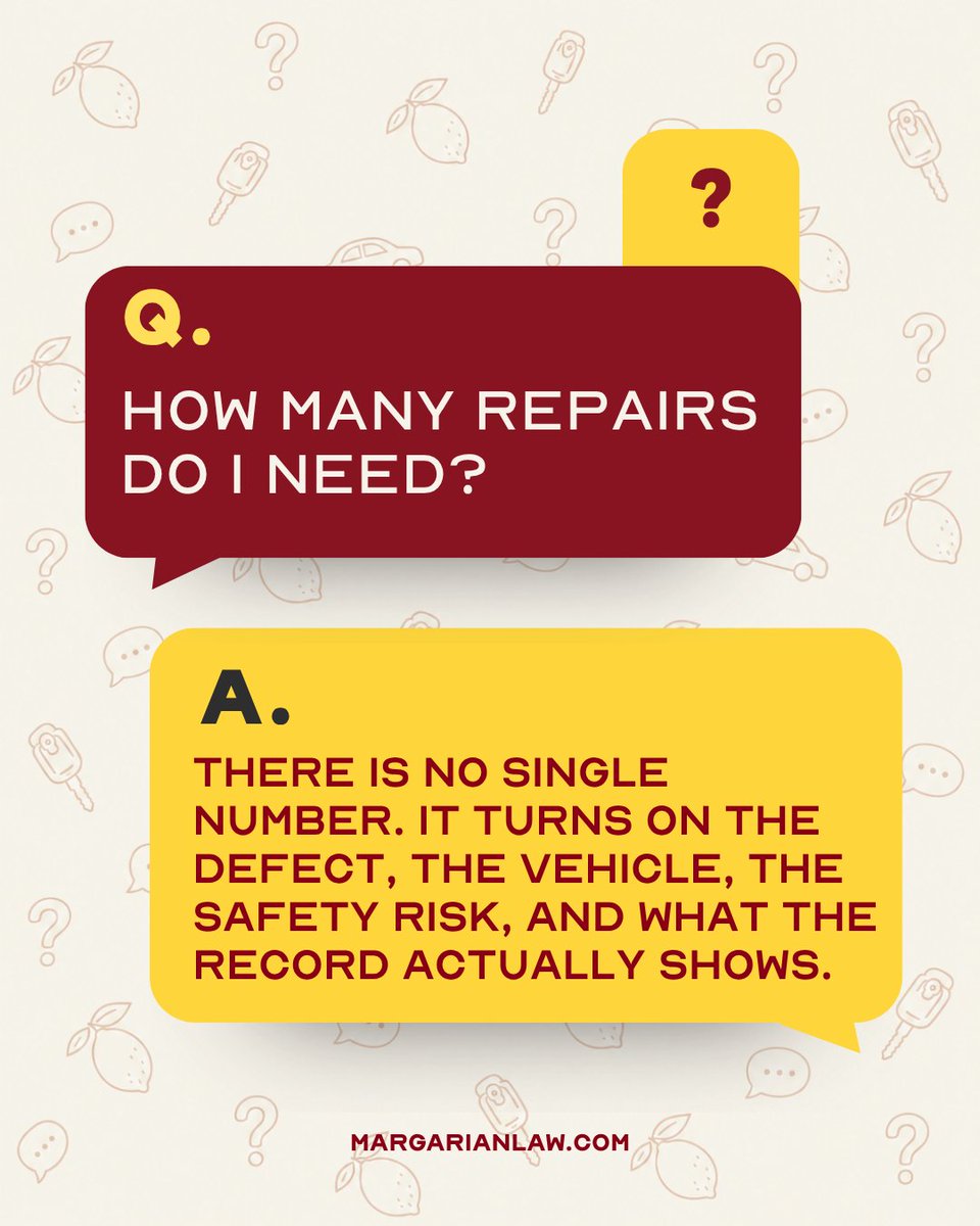 MargarianLaw's tweet photo. 5 lemon-law questions we hear most: A dealer saying “not a lemon” is just an opinion. No magic repair number. An expired warranty isn't always the end. You can usually keep driving it. Questions are free.
818-214-8681 or DM us.
#CaliforniaLemonLaw #LemonLaw #MargarianLaw https://t.co/PTd2vErUmt