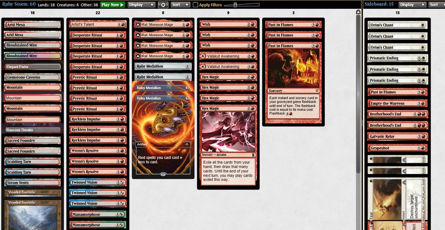 TheCptwalnut's tweet photo. 1st league 5-0, 10-0 with Ruby storm today into 2nd 4-1 league only losing to Jeskai energy. The deck felt great first league I forgot grapeshot maindeck and fixed it by removing 1 twinned vision for the 2nd league.

@fireshoes https://t.co/Uy7HmPEg1Y
