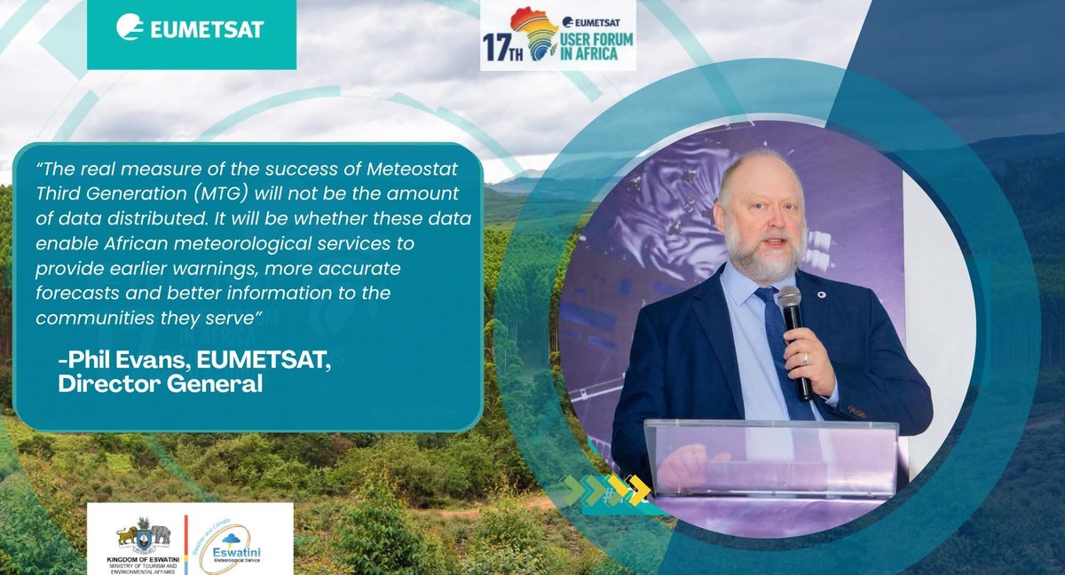 mteaeswatini's tweet photo. Insights from the 17th EUMETSAT User Forum for Africa, featuring:

H.E. Moses Vilakati | African Union Commission 

Phil Evans | EUMETSAT Director-General

Hon. Jane Mkhonta-Simelane | Minister for Tourism and Environmental Affairs, Eswatini

#EUMETSAT #Eswatini
#UFA17 https://t.co/qf5HTMdo8j