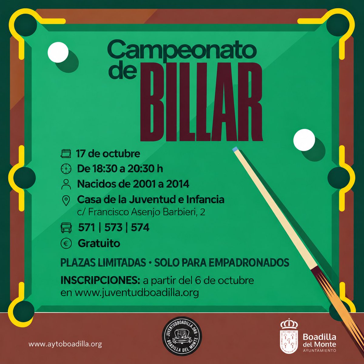 Ayto_Boadilla's tweet photo. Hoy, 6 de octubre, se abren las inscripciones para tres interesantes actividades dirigidas a los jóvenes de Boadilla:

🪄 Curso de iniciación a la magia.
🎱 Campeonato de billar.
🧙‍♀️ Taller en familia en la ludoteca: Terroríficamente terroríficos.

Unas propuestas para divertirse y compartir buenos momentos con amigos y familiares.

¡Os animamos a participar!