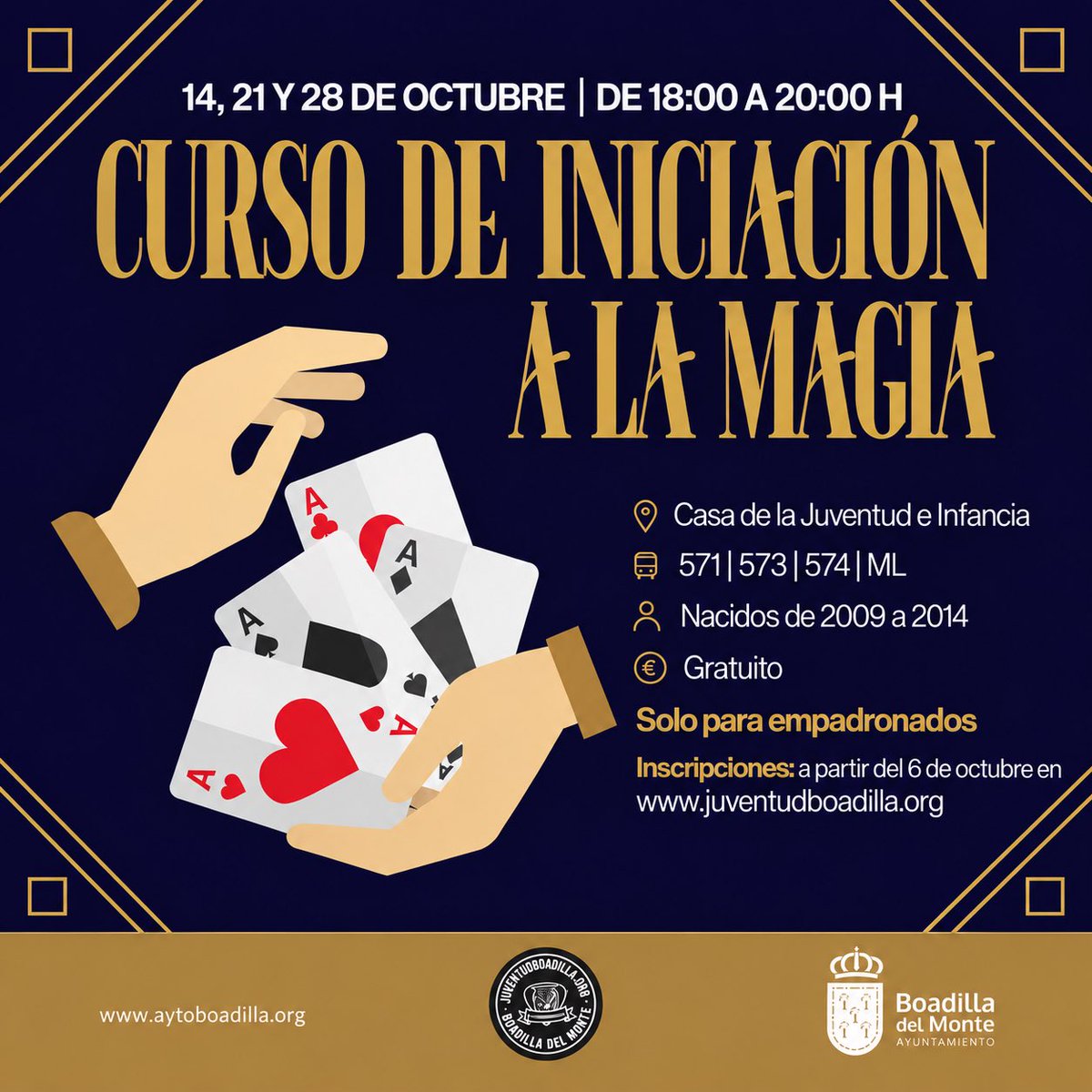 Ayto_Boadilla's tweet photo. Hoy, 6 de octubre, se abren las inscripciones para tres interesantes actividades dirigidas a los jóvenes de Boadilla:

🪄 Curso de iniciación a la magia.
🎱 Campeonato de billar.
🧙‍♀️ Taller en familia en la ludoteca: Terroríficamente terroríficos.

Unas propuestas para divertirse y compartir buenos momentos con amigos y familiares.

¡Os animamos a participar!