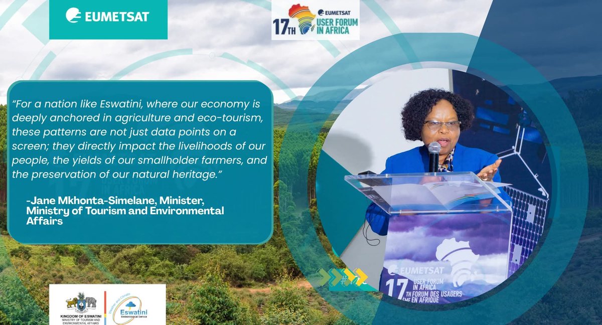 mteaeswatini's tweet photo. Insights from the 17th EUMETSAT User Forum for Africa, featuring:

H.E. Moses Vilakati | African Union Commission 

Phil Evans | EUMETSAT Director-General

Hon. Jane Mkhonta-Simelane | Minister for Tourism and Environmental Affairs, Eswatini

#EUMETSAT #Eswatini
#UFA17 https://t.co/qf5HTMdo8j