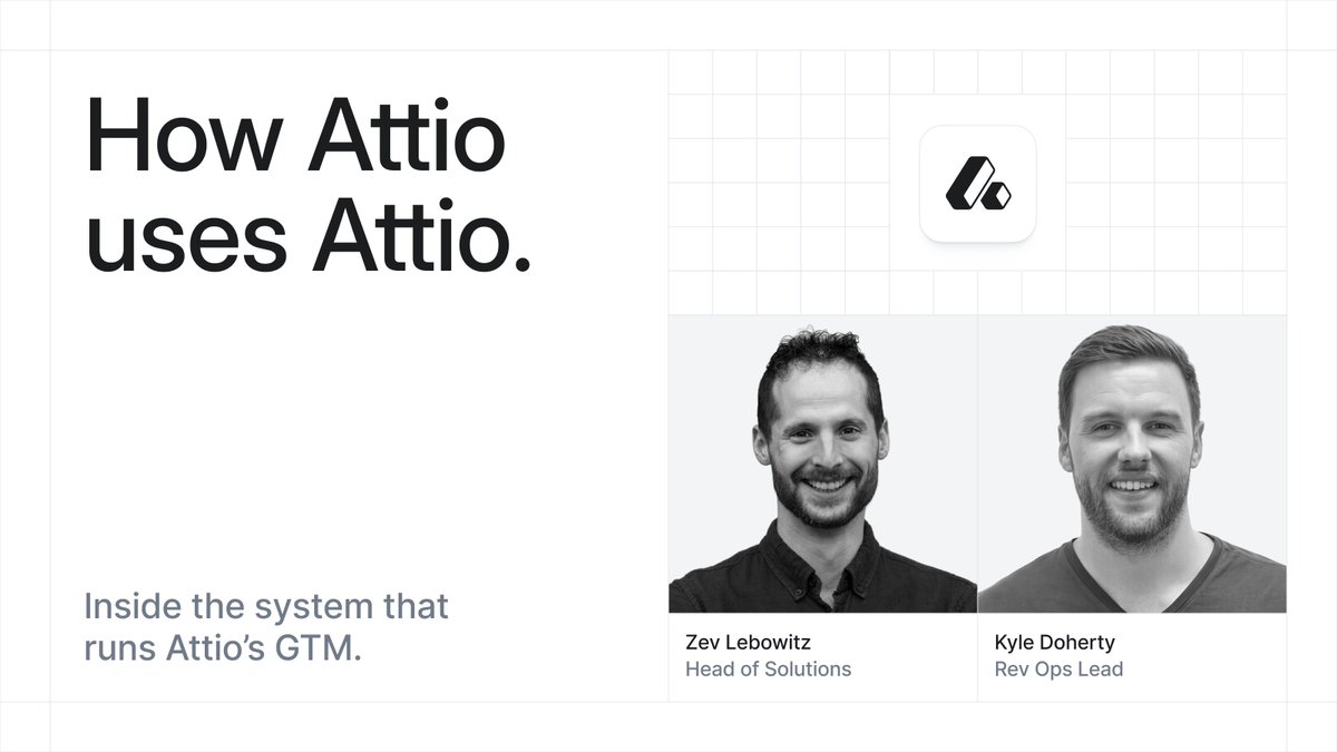 attio's tweet photo. Everything our team needs to know about a customer lives in Attio.

Kyle Doherty, Rev Ops Lead, and Zev Lebowitz, Head of Solutions, take you behind the scenes of how we centralize leads, customer interactions, and communications in Attio — and the wider tech stack that feeds into it.

Learn more: https://t.co/3Q1zkEOBW8
