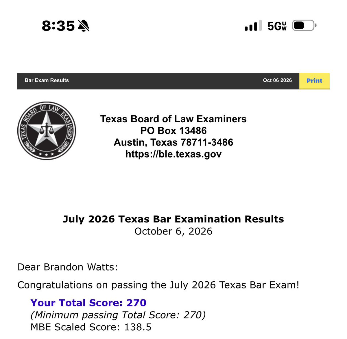 brwatts1997's tweet photo. I passed the bar exam !!! https://t.co/4EnS7JRpOA