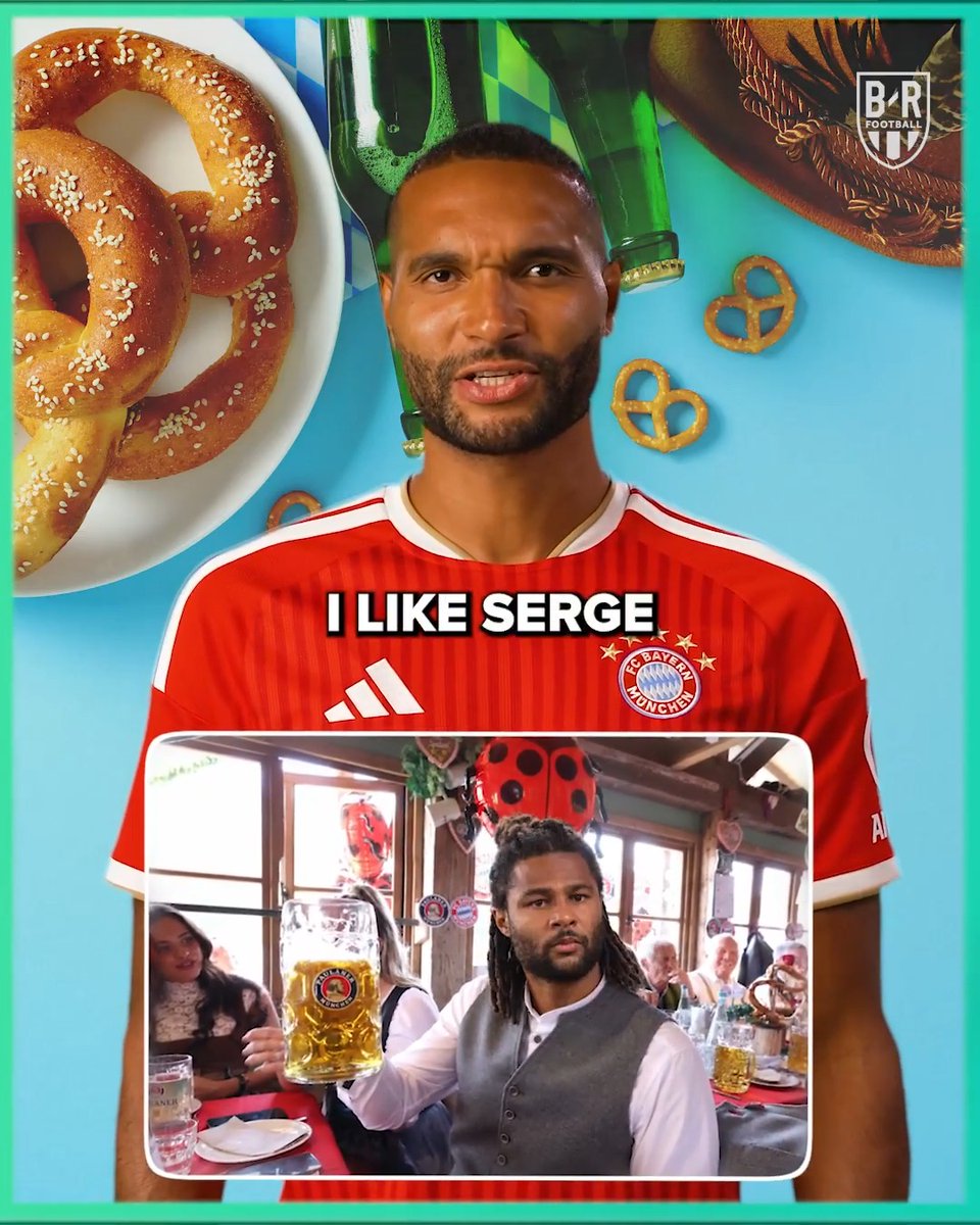 Jonathan Tah, wearing a red Bayern Munich jersey with the text "I LIKE SERGE" across his chest, is featured in a B/R Football graphic promoting a video where he answers Oktoberfest-related questions about his Bayern teammates, with a preview image showing him seated at a beer hall table holding a stein.
