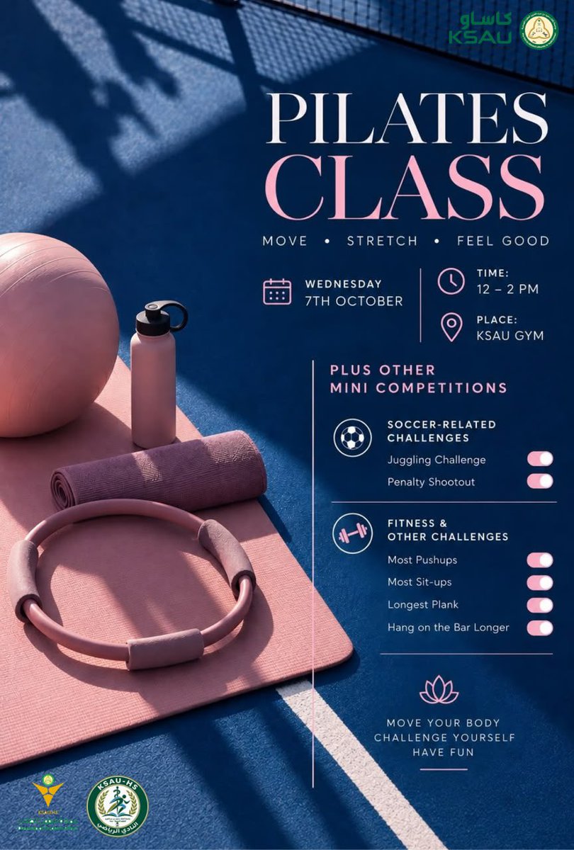 Jed_StudentClub's tweet photo. @Dr_b_almuqbil @KSAU_DSA فعاليتنا الثانية مع #النادي_الرياضي 💗✨
Pilates Class مع مجموعة من التحديات والمسابقات الرياضية!💫

📅 الأربعاء 7 أكتوبر
⏰ 12–2 م
📍 النادي الرياضي بالجامعة
🔗 https://t.co/rMeB9aEyzG

بانتظاركم بإذن الله!🤩 https://t.co/IDIi8r8msl