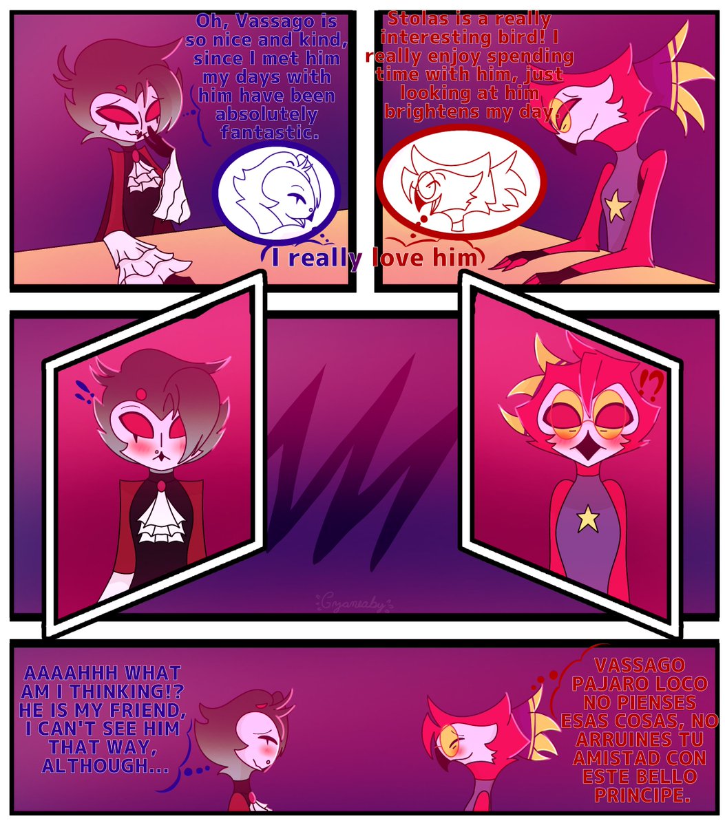 Cyaneaby's tweet photo. Day 2: Gay awakening  (and/or) Yearning  👀

Silly birds trying to deny their feelings for each other 🙀

@stolagoweek #StolagoWeek2026 #HelluvaBoss #Stolago #Stolassago #OwlStar #Vassago #Stolas https://t.co/egGz9Qy7eW