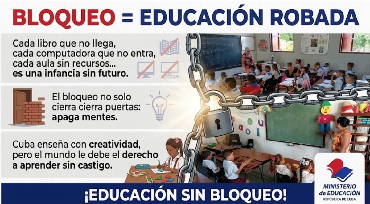 flharold's tweet photo. El bloqueo de EE.UU. no solo asfixia la economía de Cuba: apaga las aulas. La lección es clara: el bloqueo es un castigo a los niños, no un instrumento político. 
#CubaNoEsUnaAmenazaElBloqueoSí https://t.co/SJeXViufKq