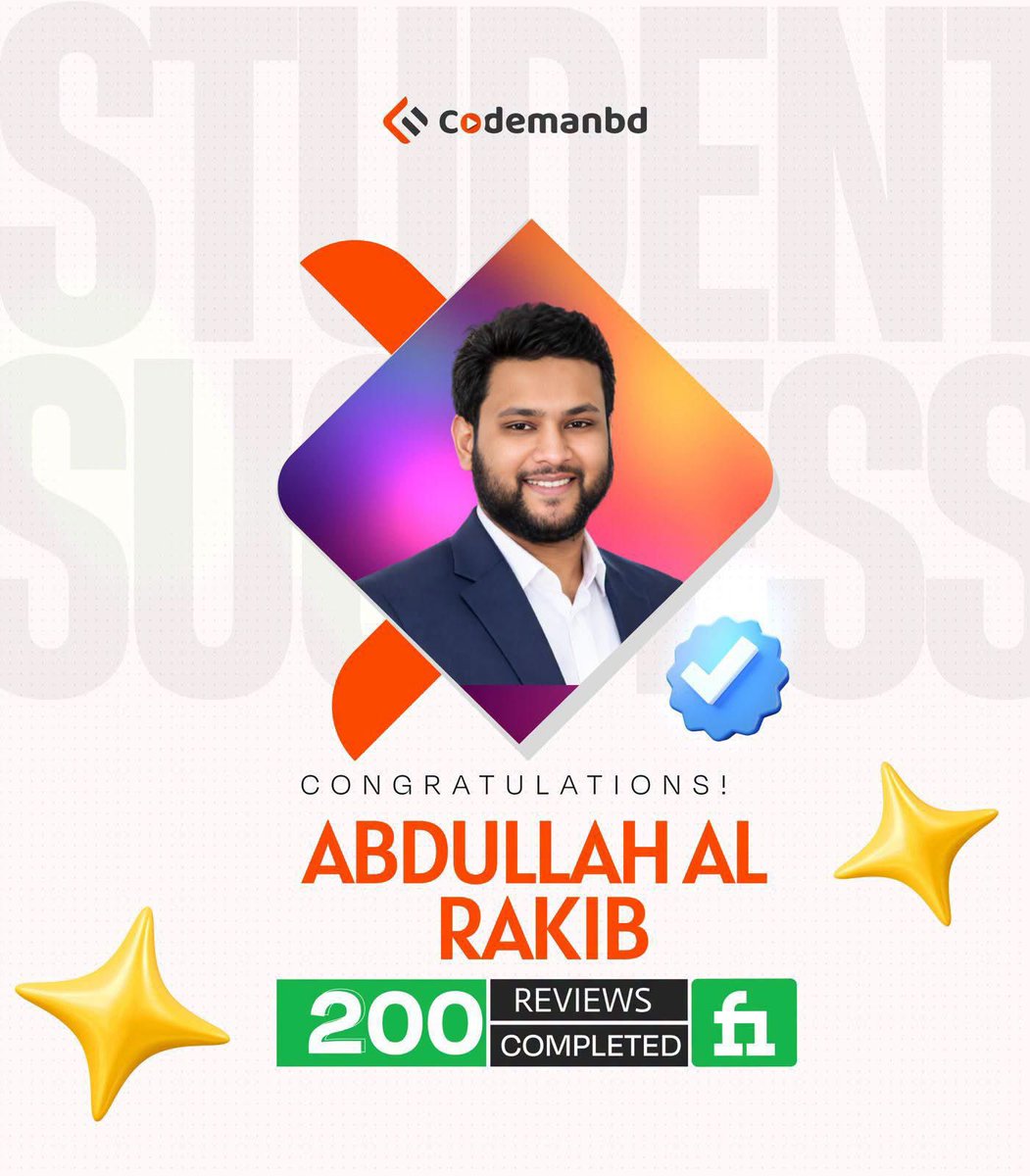 codemanbd's tweet photo. অনেক শুভকামনা রইলো Abdullah Al Rakib ফাইভার মার্কেটপ্লেসে ২০০ রিভিউ সম্পন্ন করার জন্য 🔥 #CodemanBD https://t.co/Qf7S7EYsP8