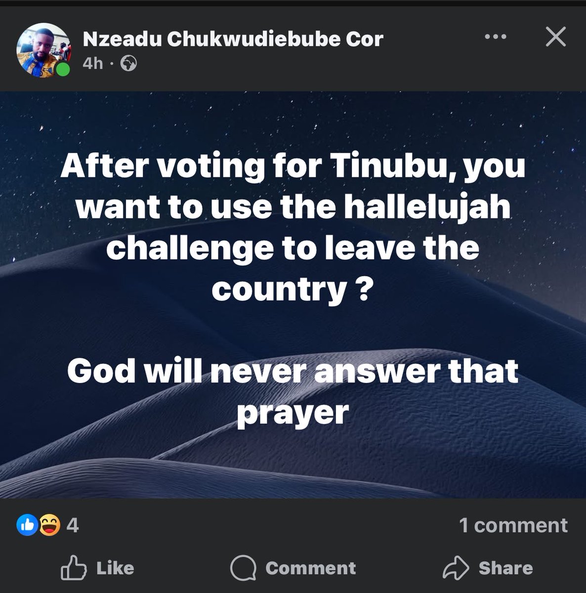 Bunchusofficial's tweet photo. After voting for Tinubu, you want to use the hallelujah challenge to leave the country? God will never answer that prayer.

Facebook user lambasts Tinubu voters who want to use hallelujah challenge to japa. https://t.co/0cjF6nZe76