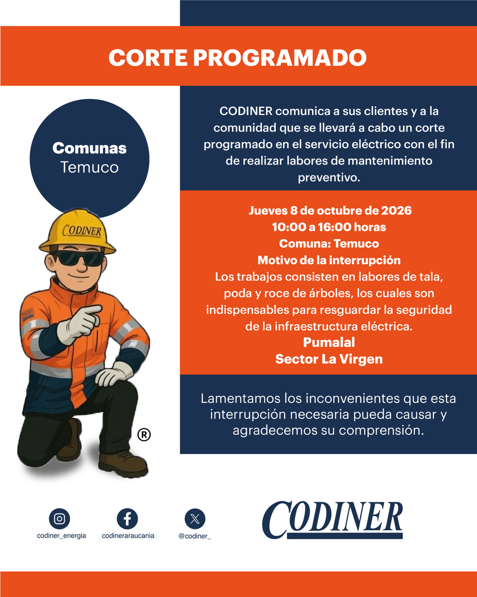 Codiner_'s tweet photo. ⚠️ AVISO DE CORTE PROGRAMADO DE SUMINISTRO ELÉCTRICO ⚡
Informamos a nuestros clientes de la comuna de Temuco sobre una interrupción programada en el servicio eléctrico por labores de mantenimiento y despeje de vegetación. https://t.co/8VBfjAarb7