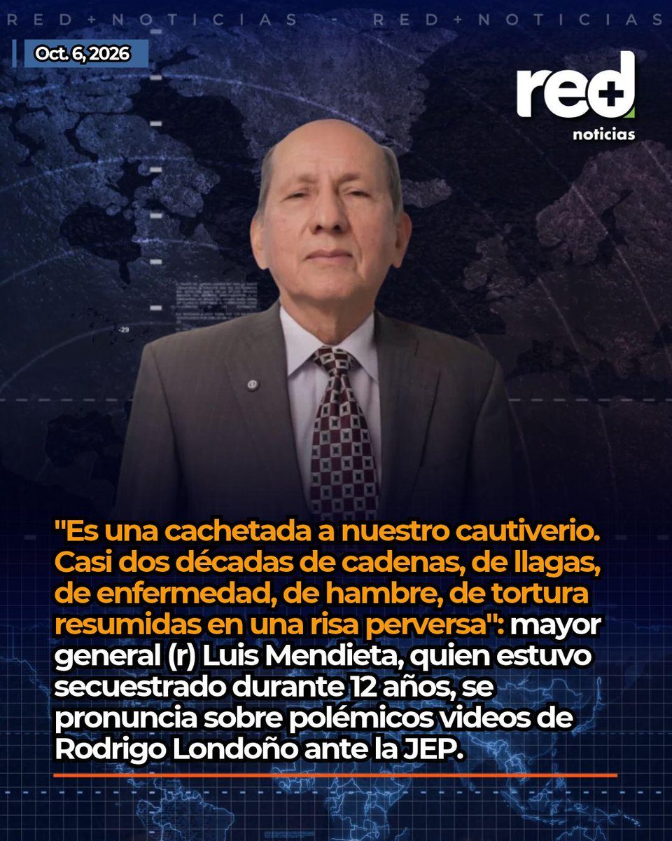 RedMasNoticias's tweet photo. #Colombia | "Es una cachetada a nuestro cautiverio. Casi dos décadas de cadenas, de llagas, de enfermedad, de hambre, de tortura resumidas en una risa perversa": mayor general (r) Luis Mendieta, quien estuvo secuestrado durante 12 años, se pronuncia sobre polémicos videos de Rodrigo Londoño ante la JEP.