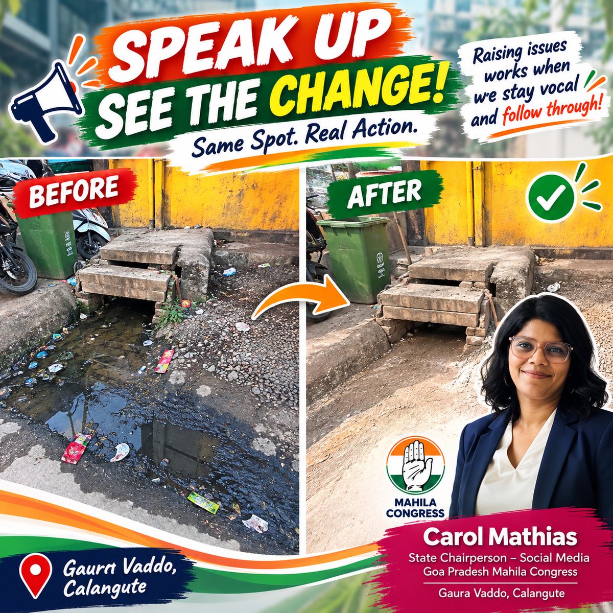 TheCarolMathias's tweet photo. Raised the issue. Followed up with the concerned authorities. Today, the change is visible. Speaking up and staying engaged can make a difference. #Goa #Calangute #CivicIssues #CommunityAction #GoaPradeshMahilaCongress https://t.co/A8NA3v2Ix3