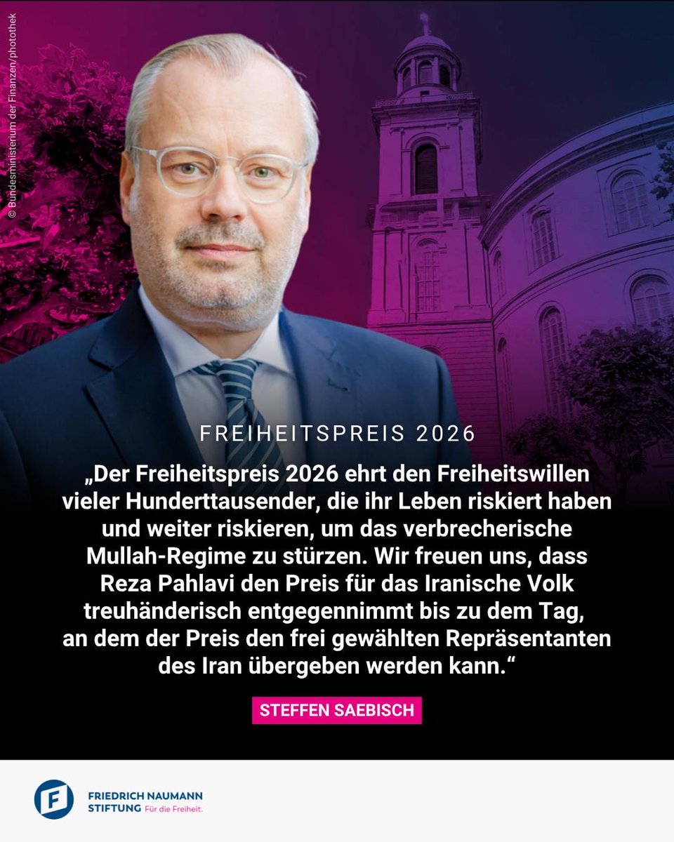 StSaebisch's tweet photo. Wir nehmen Ihre Erklärung mit Respekt entgegen. Der Freiheitspreis 2026 der @FNFreiheit ehrt gerade die vielen Frauen und Männer im Iran, die für ihren Widerstand gegen das Mullah-Regime ihr Leben aufs Spiel setzen. https://t.co/uuXBzCIoA3
