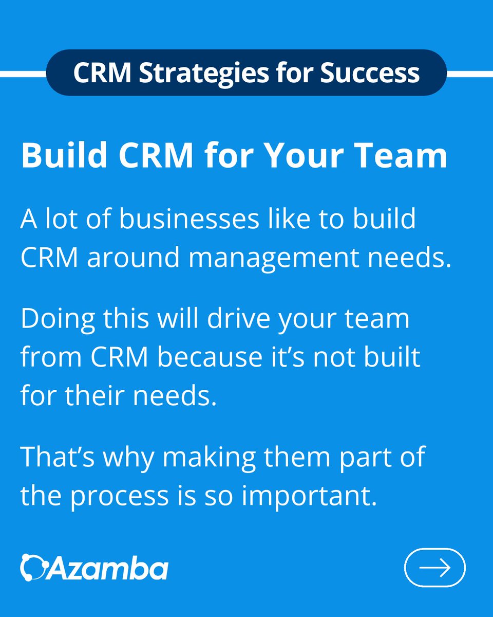 AzambaInc's tweet photo. The #1 mistake managers make with CRM is building it for the wrong people.

It should be built around your team's needs so they can easily complete their daily tasks.

Sure, it'll help you oversee your business.

But it needs to help the people who use it most.

More below. ⬇️ https://t.co/SwMfZi1Dd4