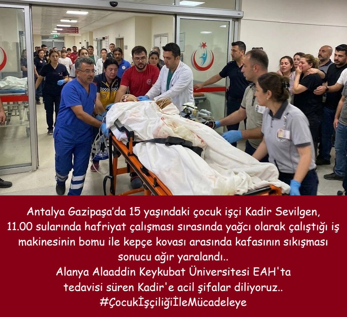 isigmeclisi's tweet photo. Antalya Gazipaşa’da 15 yaşındaki çocuk işçi Kadir Sevilgen, 11.00 sularında hafriyat çalışması sırasında yağcı olarak çalıştığı iş makinesinin bomu ile kepçe kovası arasında kafasının sıkışması sonucu ağır yaralandı..
Alanya Alaaddin Keykubat Üniversitesi EAH'ta tedavisi süren Kadir'e acil şifalar diliyoruz..
#ÇocukİşçiliğiİleMücadeleye