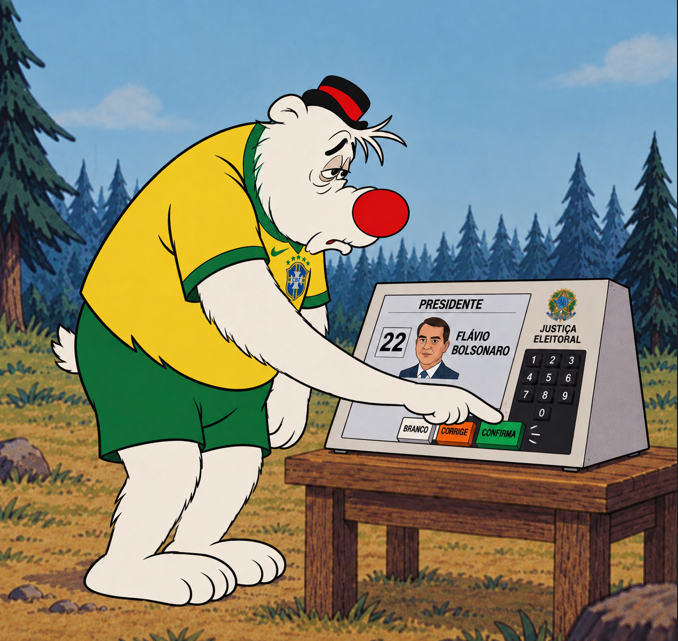A cartoon polar bear wearing a Brazil soccer jersey and a red hat votes on an electronic ballot machine for "PRESIDENTE" Flávio Bolsonaro (#22), pressing the green "CONFIRMA" button.
