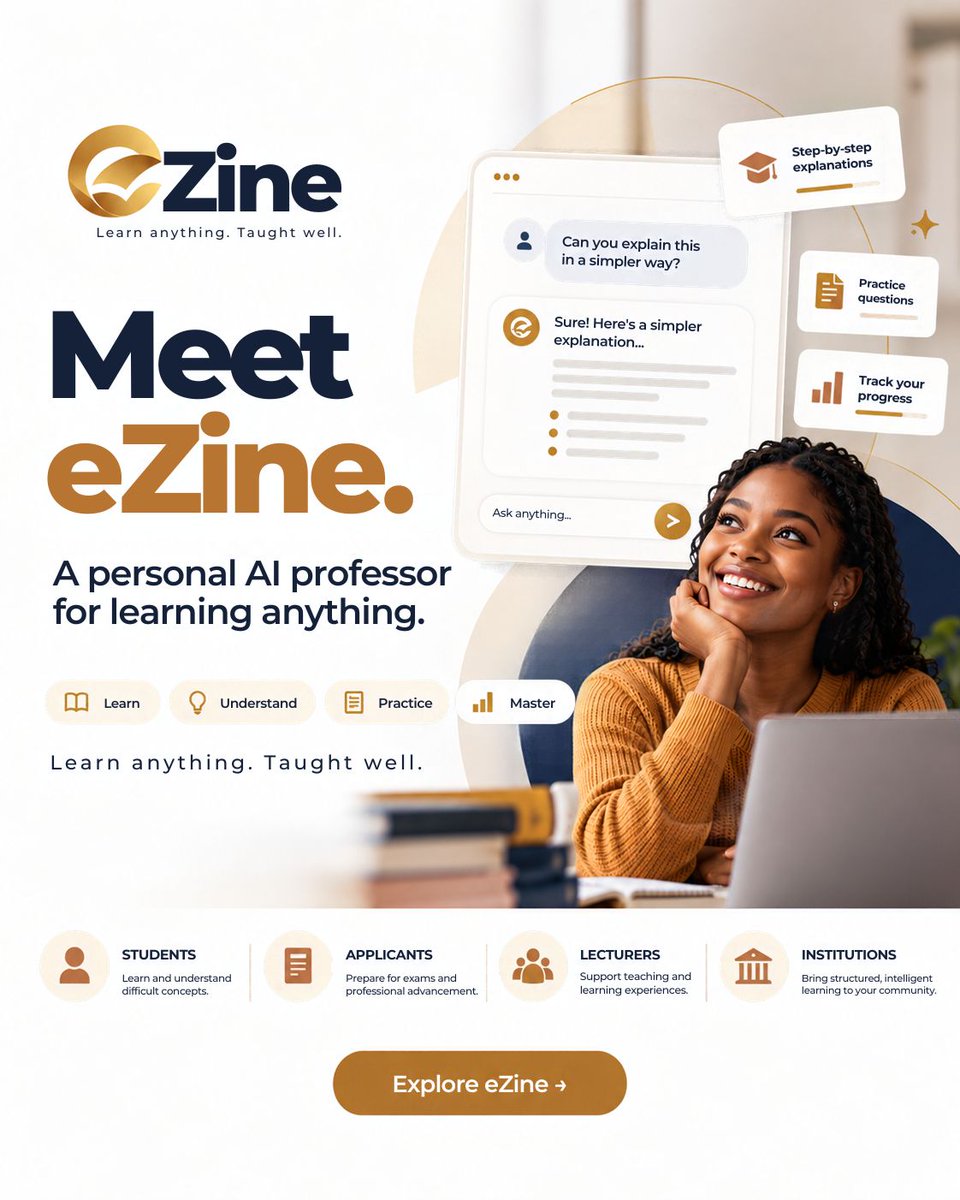 Ezinelearning's tweet photo. Meet eZine. 📚
Your personal AI professor for learning anything.
Learn. Understand. Practise. Master.

From difficult topics to exam prep and new skills, with eZine, learning finally makes sense and becomes enjoyable

check us out on https://t.co/DptqyQR1vh https://t.co/Y4aSQmDYSx