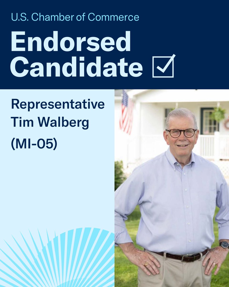 USChamberAction's tweet photo. The @uschamber is proud to endorse @TimWalberg in #MI05 .

Read more: https://t.co/XpFgKxidmC https://t.co/mg4WCF7Xgd