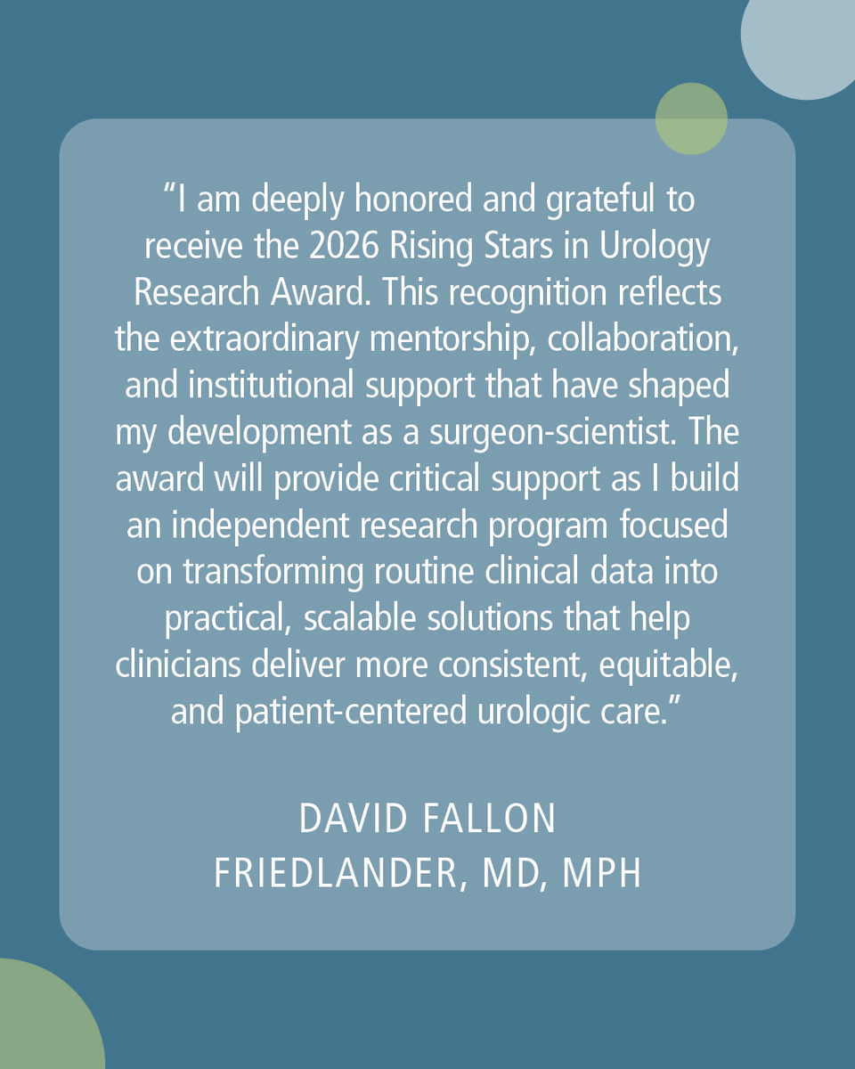 AmerUrological's tweet photo. ⭐ Recognizing the next generation of urologic researchers.

Congratulations to David Fallon Friedlander, MD, MPH, the 2026 recipient of the @UrologyCareFdn Rising Stars in Urology Research Award. His research aims to improve care for patients with kidney stone disease by leveraging clinical data, implementation science, and machine learning-supported tools to reduce disparities, improve follow-up care, and advance more equitable, patient-centered outcomes.

Learn more about the award and Dr. Friedlander's work: https://t.co/icsxJxWkMu